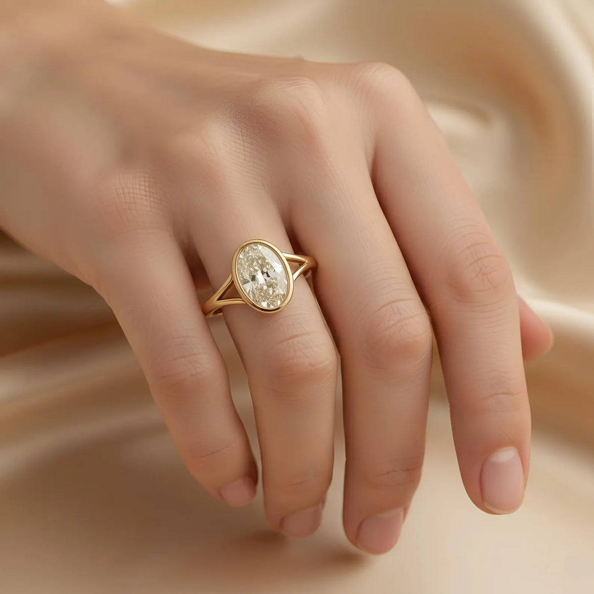 lifestyle-view-of-3ct-oval-lab-grown-diamond-bezel-ring-with-split-shank