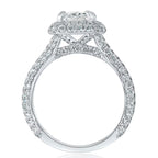 Side profile view of a 4 CT radiant lab grown diamond engagement ring with double halo and pave bridge in white gold.