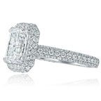 Top-down view of a 4 CT radiant cut lab-grown diamond framed by a double row halo and pave diamond shank.