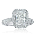 Perspective angle of a 4 carat radiant lab diamond ring featuring a double halo setting and multi-row micro pave band.