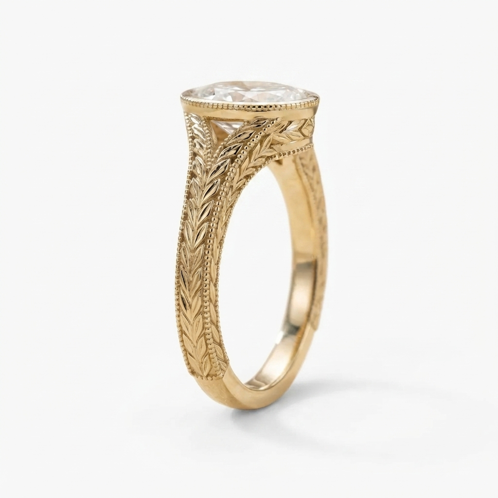 Side profile view of a 2 CT oval lab-grown diamond engagement ring with leaf engraving in yellow gold.