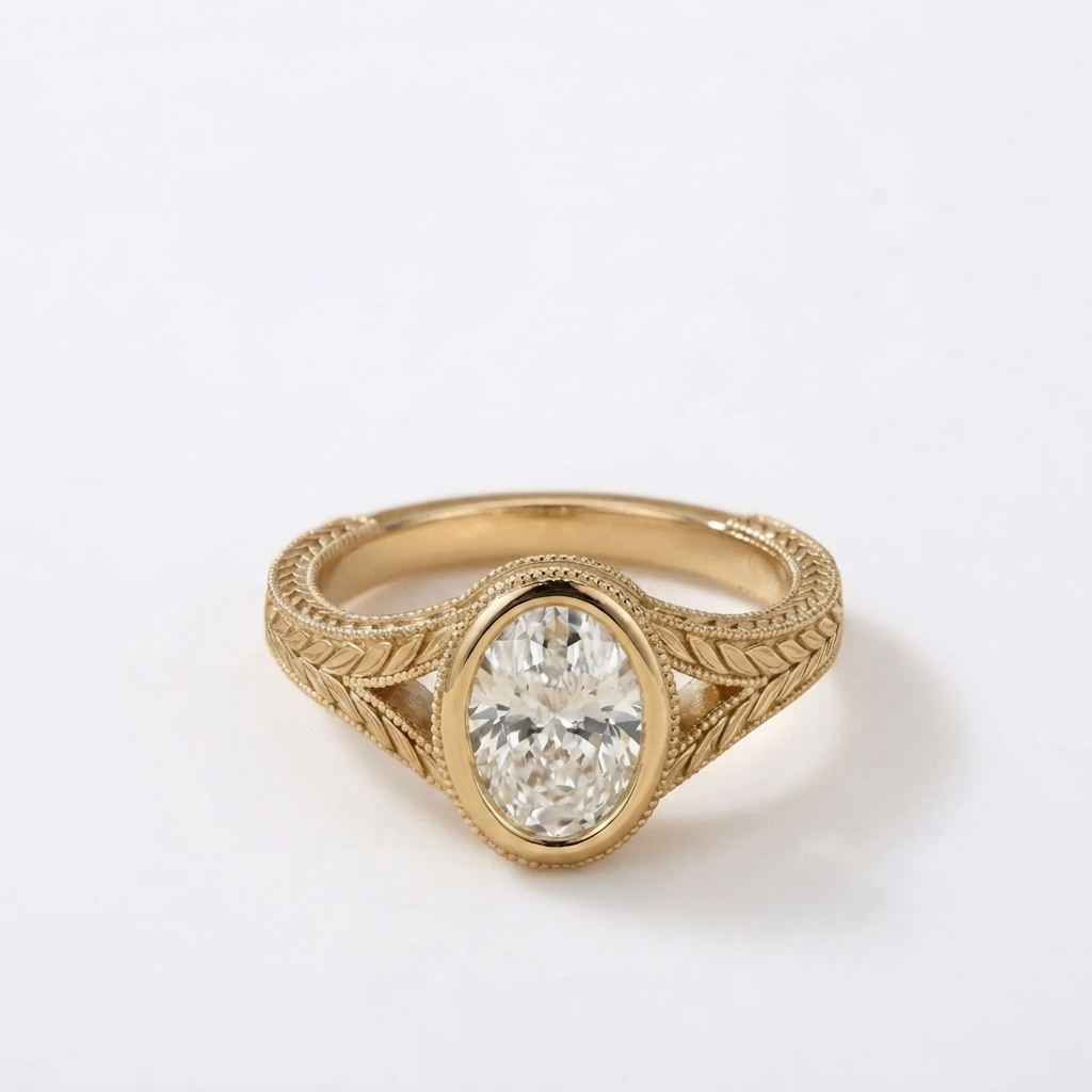 Front overhead view of a 2 carat oval cut lab-grown diamond in a bezel setting with milgrain trim.