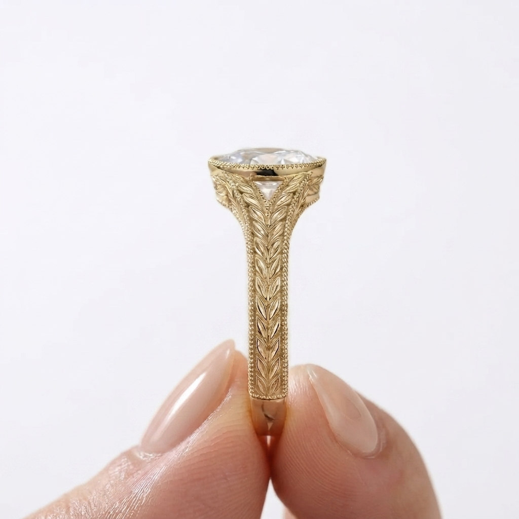 Hand holding a vintage-style yellow gold engagement ring featuring a 2 CT oval lab-grown diamond.
