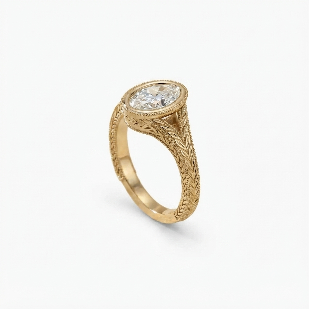 Angled perspective shot highlighting the bezel-set oval lab-grown diamond and carved gold shank.