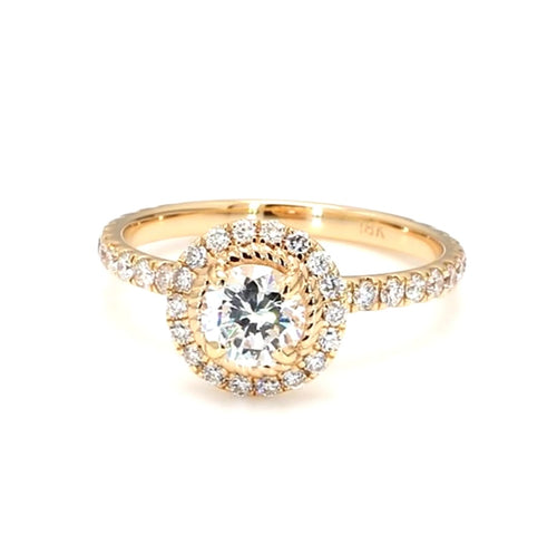 Direct top view of an IGI certified 2 carat round cut lab-grown diamond ring encircled by a diamond halo and a gold rope accent border.