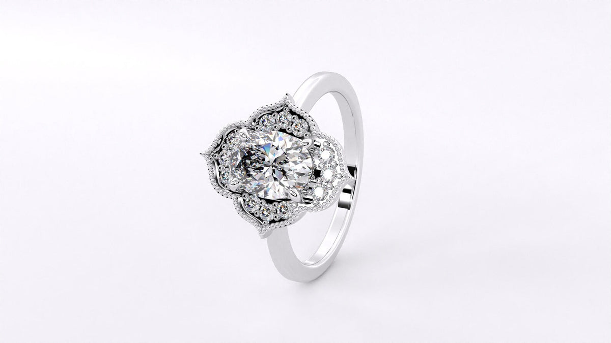 Perspective shot highlighting the polished white gold band and unique floral halo cluster of a 3 carat ring.