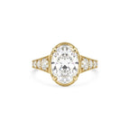 Front overhead view of a 4 CT oval lab-grown diamond engagement ring with side accents in yellow gold.