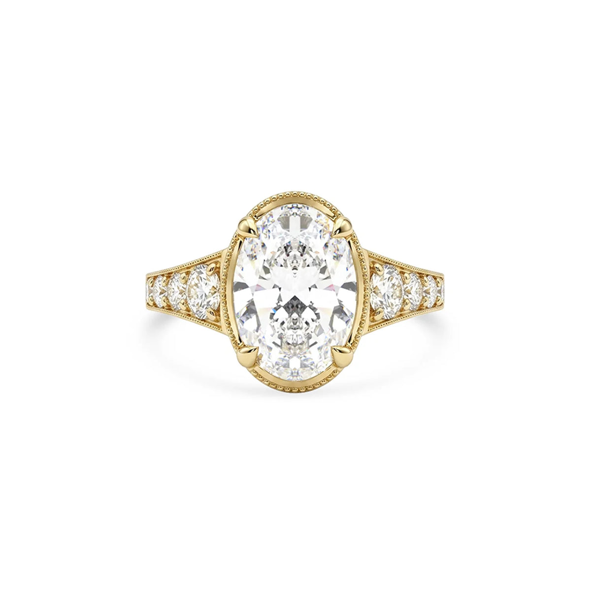 Front overhead view of a 4 CT oval lab-grown diamond engagement ring with side accents in yellow gold.