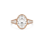 Top-down view of a 4 carat oval lab-grown diamond ring featuring side accent stones in romantic rose gold.