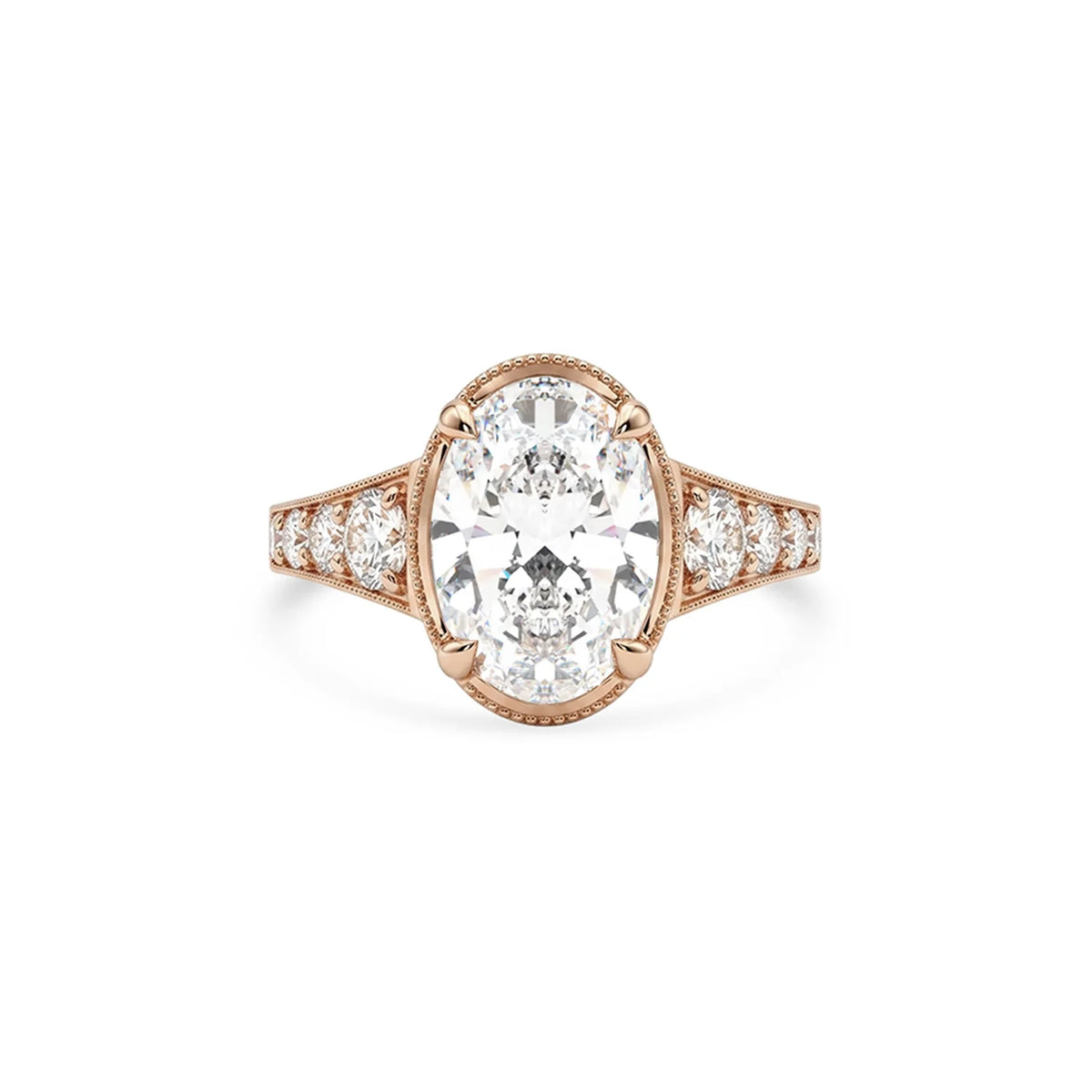 Top-down view of a 4 carat oval lab-grown diamond ring featuring side accent stones in romantic rose gold.