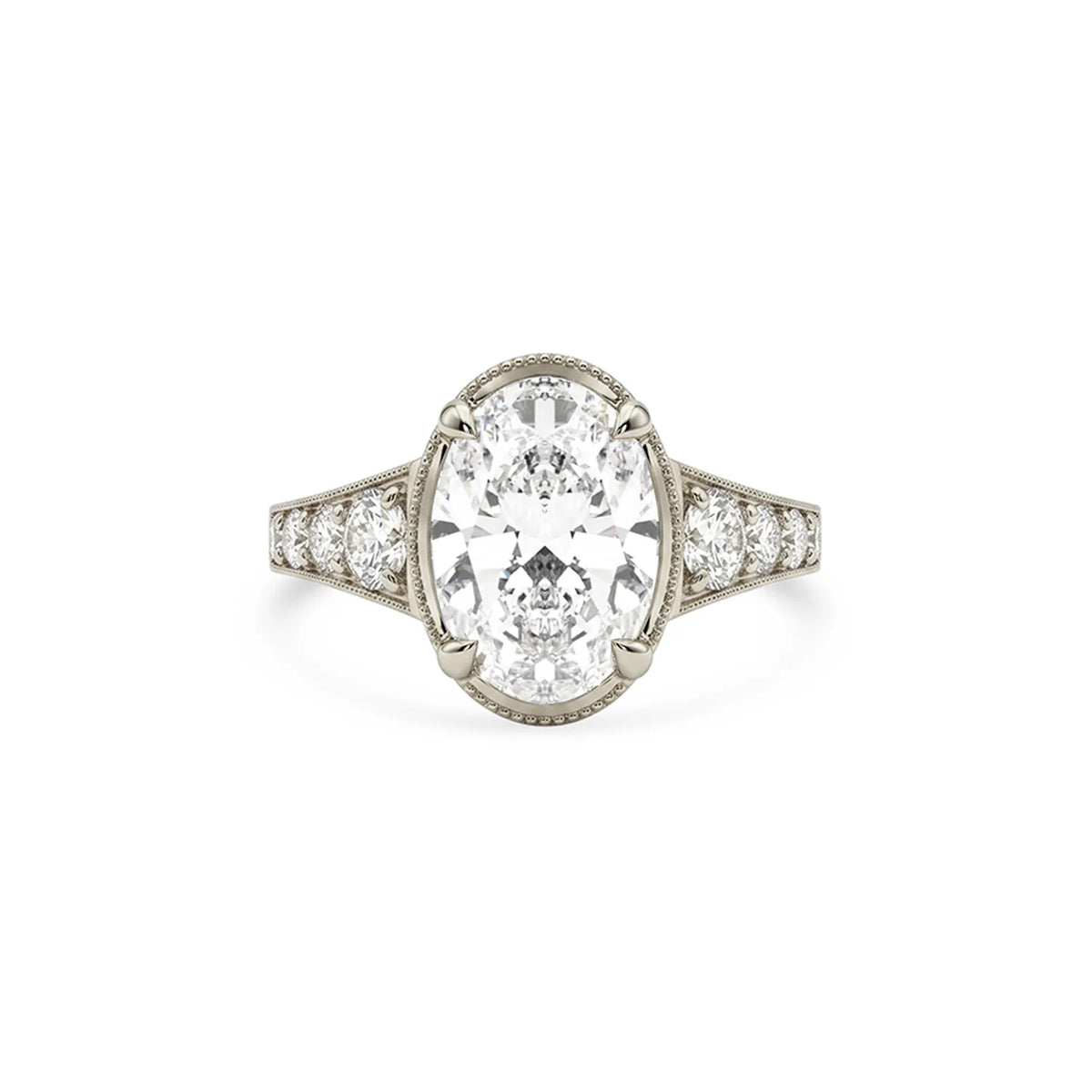 Direct overhead perspective of a 4 CT oval cut lab-grown diamond vintage ring styled in white gold.