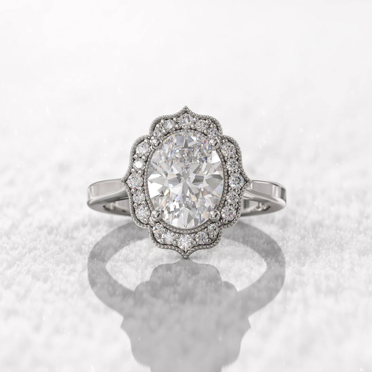 Overhead studio view of a 3 CT oval lab-grown diamond vintage halo ring crafted in white gold.