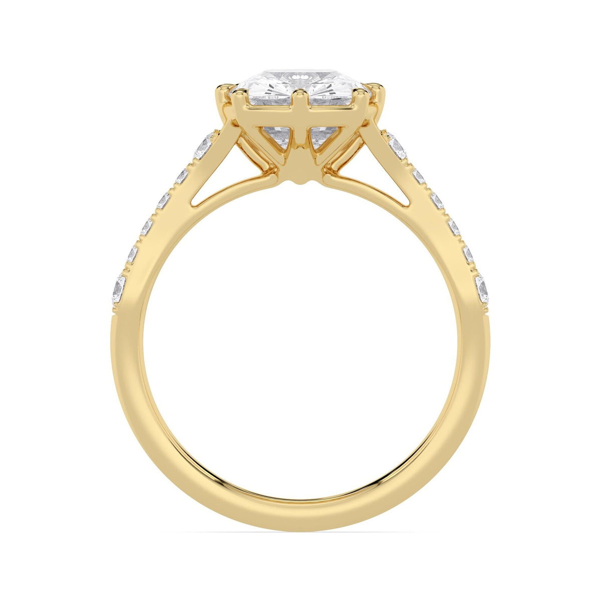 Side profile view of a 3 CT cushion cut lab-grown diamond engagement ring with side accents in yellow gold.