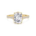 Top-down overhead view of a 3 carat cushion cut lab-grown diamond ring featuring pave accents in yellow gold.