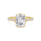 Top-down overhead view of a 3 carat cushion cut lab-grown diamond ring featuring pave accents in yellow gold.