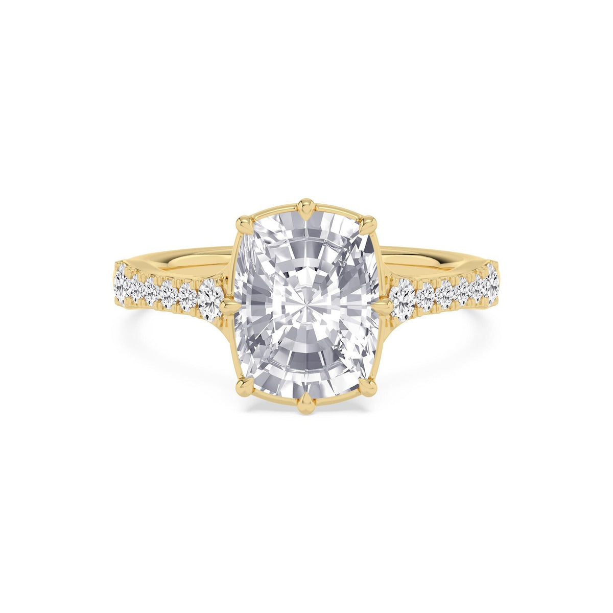 Top-down overhead view of a 3 carat cushion cut lab-grown diamond ring featuring pave accents in yellow gold.