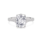 Direct overhead display of a 3 CT cushion cut lab-grown diamond engagement ring styled in white gold.