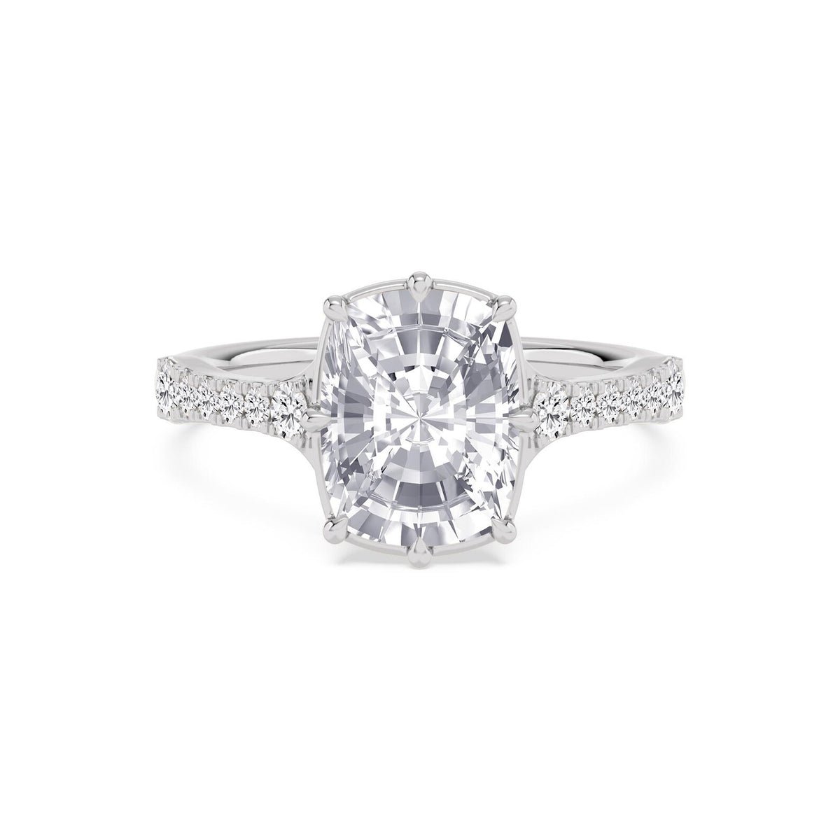 Direct overhead display of a 3 CT cushion cut lab-grown diamond engagement ring styled in white gold.