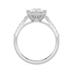 Side profile view showcasing the gallery and basket setting of a 3 CT cushion diamond ring in white gold.
