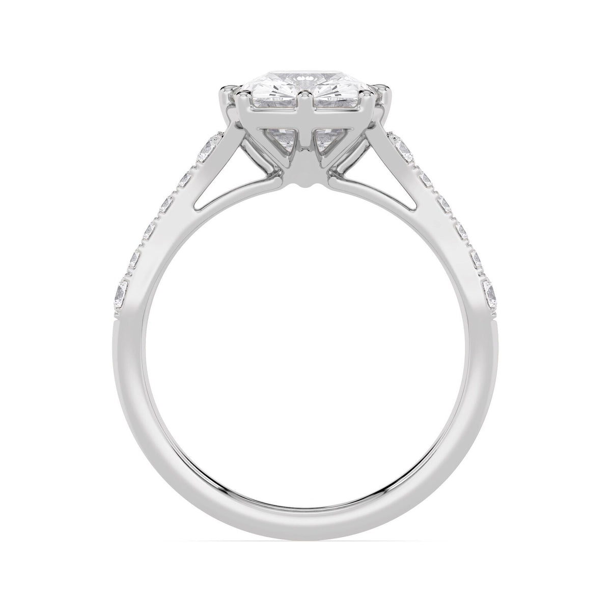 Side profile view showcasing the gallery and basket setting of a 3 CT cushion diamond ring in white gold.