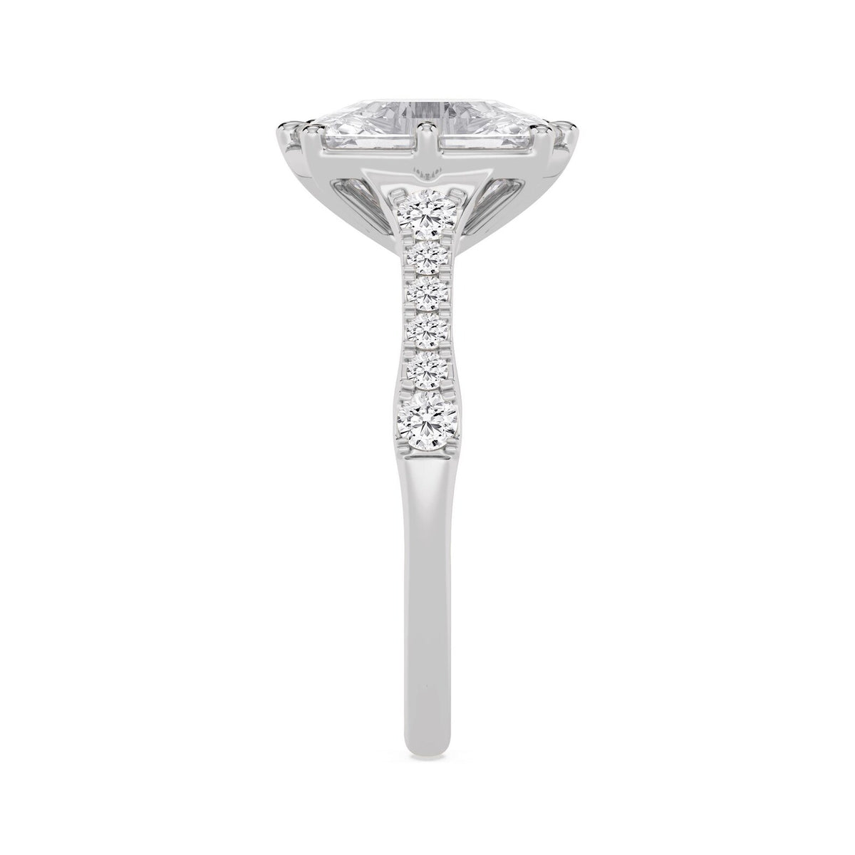 Close-up band profile view highlighting the pave-set accent diamonds on a white gold ring.