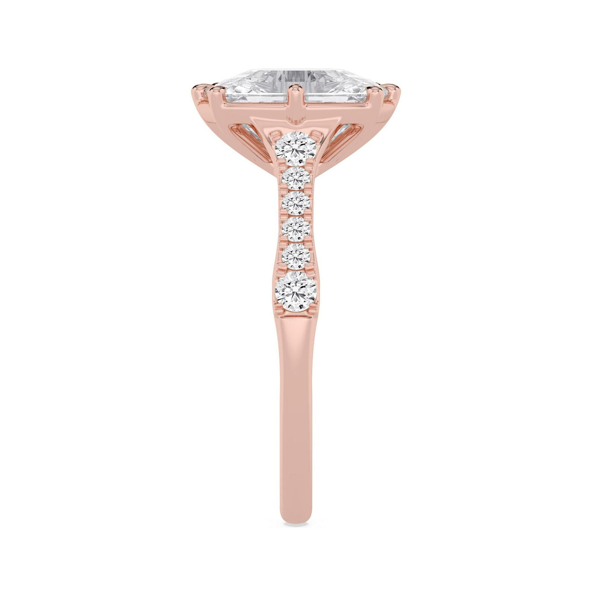 Close-up profile showing the pave-set diamonds on the shank of a rose gold ring.
