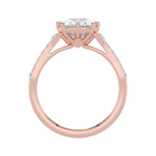 Elegant side profile view of a 3 CT cushion cut lab-grown diamond engagement ring in romantic rose gold.