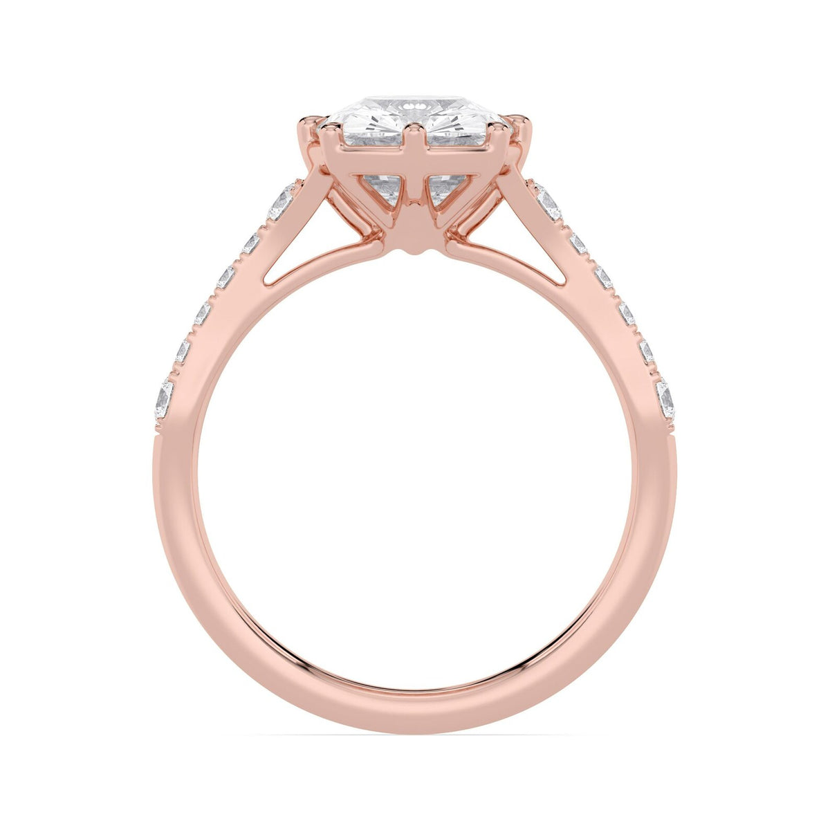Elegant side profile view of a 3 CT cushion cut lab-grown diamond engagement ring in romantic rose gold.