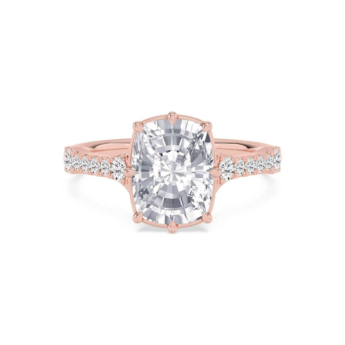 Top-down overhead perspective of a 3 CT cushion cut lab-grown diamond ring crafted in rose gold.