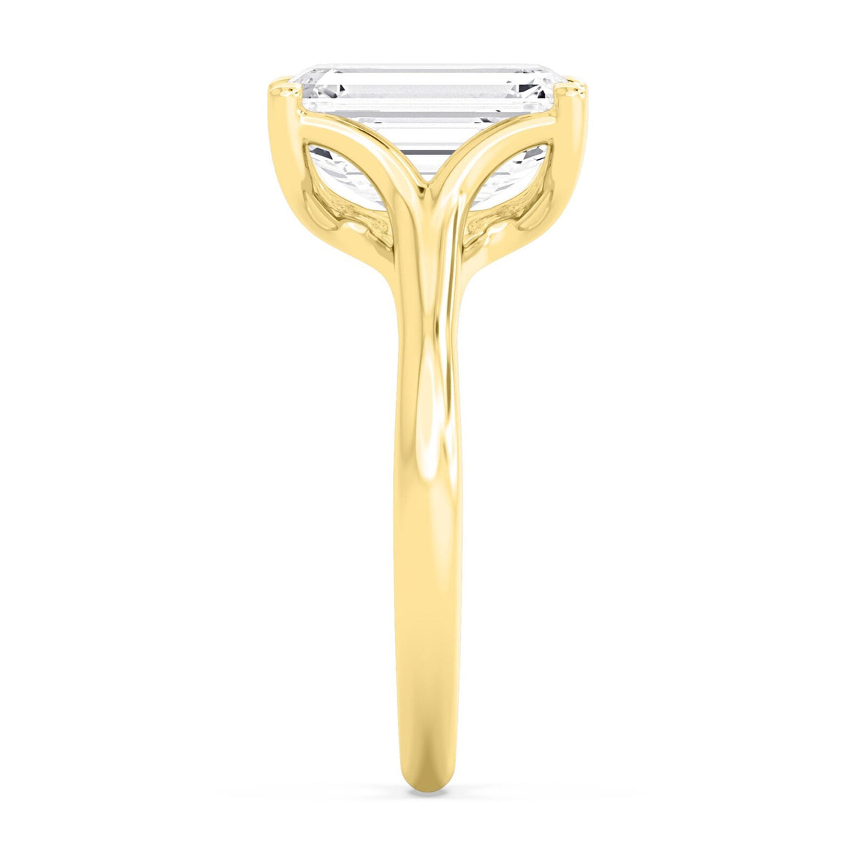 Side profile view of a 4 CT emerald cut lab-grown diamond engagement ring in yellow gold.