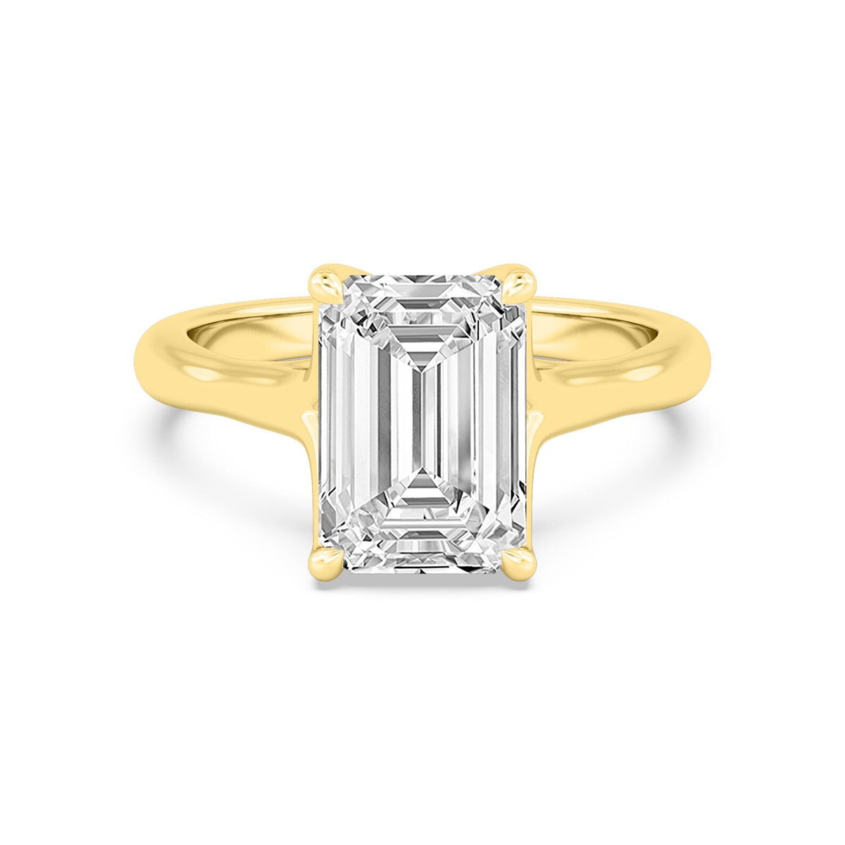 Top-down overhead view of a 4 CT emerald cut lab-grown diamond solitaire ring in yellow gold.