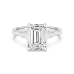 Direct overhead display of a 4 CT emerald cut lab-grown diamond solitaire ring in white gold.