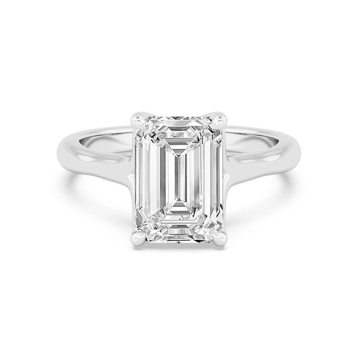 Direct overhead display of a 4 CT emerald cut lab-grown diamond solitaire ring in white gold.