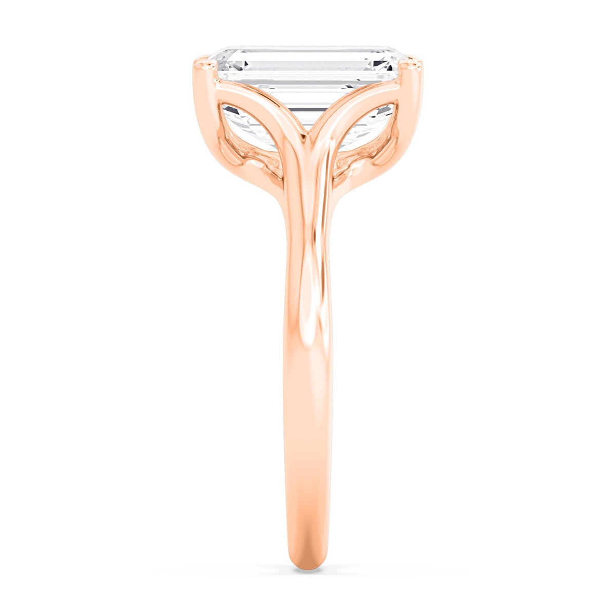 Elegant side profile view of a 4 CT emerald cut lab-grown diamond engagement ring in rose gold.