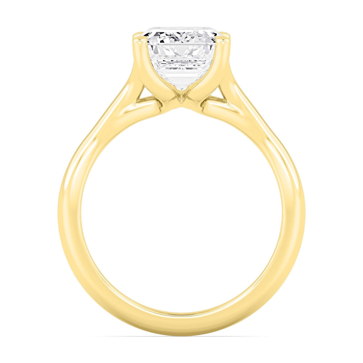 Detailed side view highlighting the basket setting of a yellow gold emerald cut diamond ring.