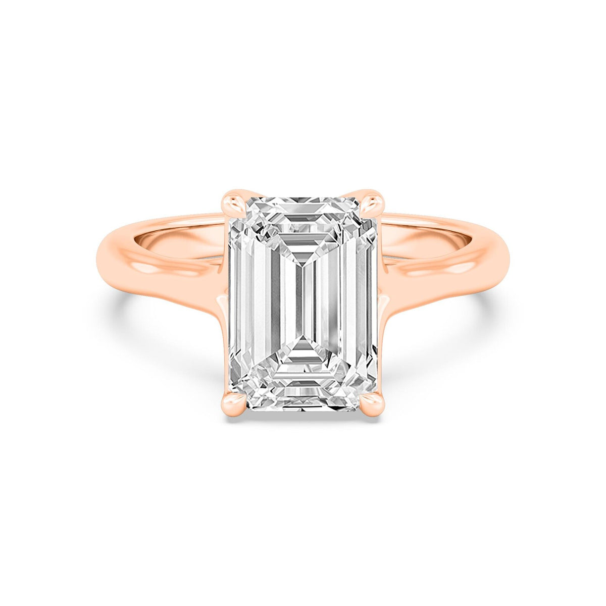 Top-down overhead perspective of a 4 CT emerald cut lab-grown diamond solitaire ring crafted in rose gold.