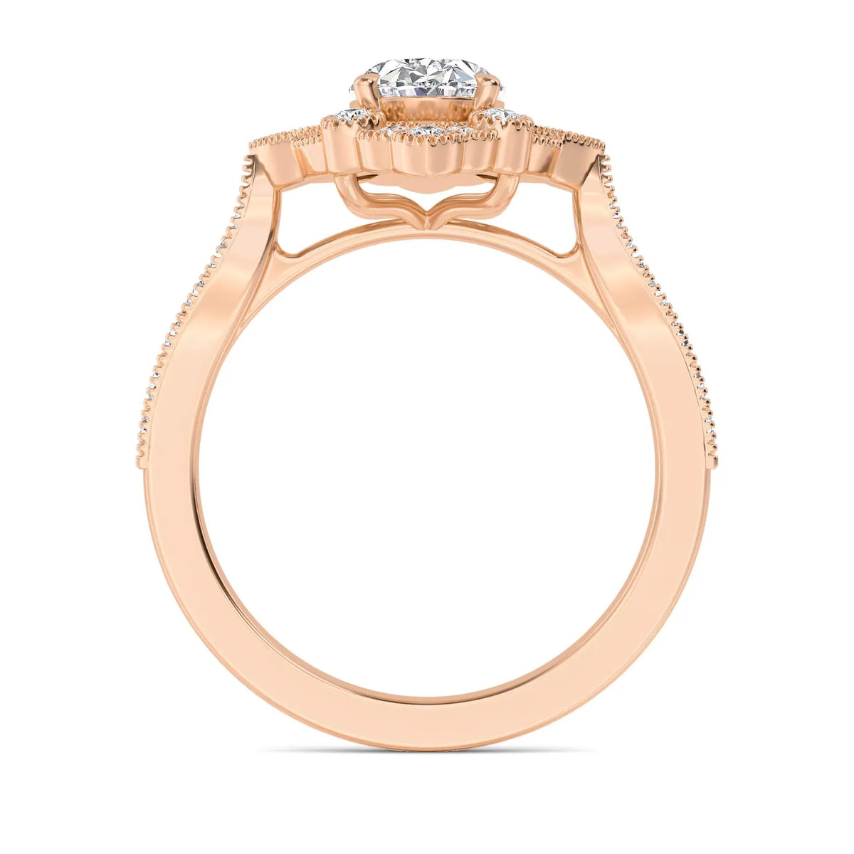 Side profile view of a 2 CT oval cut lab-grown diamond engagement ring with vintage details in rose gold.
