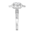 Band and profile view highlighting the pave-set accent stones of an oval diamond ring in white gold.