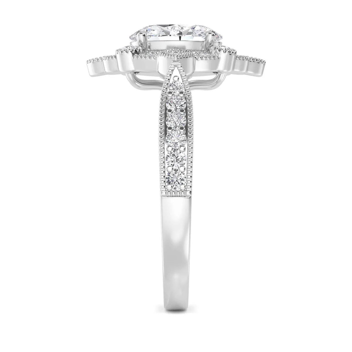 Band and profile view highlighting the pave-set accent stones of an oval diamond ring in white gold.