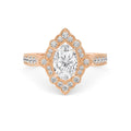 Top-down overhead view of a 2 CT oval cut lab-grown diamond ring featuring a vintage halo in rose gold.