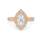 Top-down overhead view of a 2 CT oval cut lab-grown diamond ring featuring a vintage halo in rose gold.
