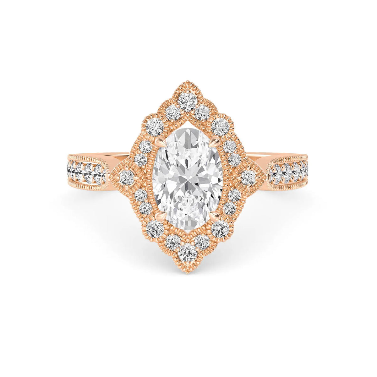 Top-down overhead view of a 2 CT oval cut lab-grown diamond ring featuring a vintage halo in rose gold.