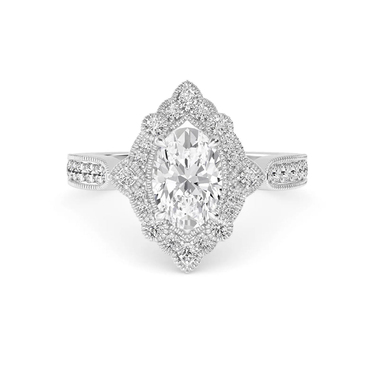 Direct overhead display of a 2 CT oval cut lab-grown diamond ring with halo and milgrain in white gold.