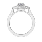 Side profile view showcasing the gallery and halo basket of a white gold oval diamond ring.