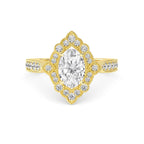 Top-down overhead perspective of a 2 CT oval cut lab-grown diamond vintage halo ring in yellow gold.