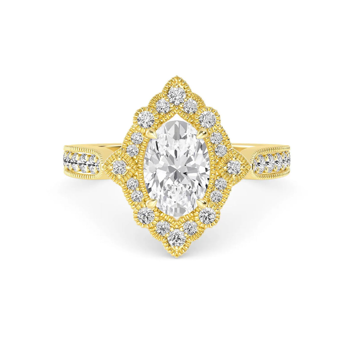 Top-down overhead perspective of a 2 CT oval cut lab-grown diamond vintage halo ring in yellow gold.