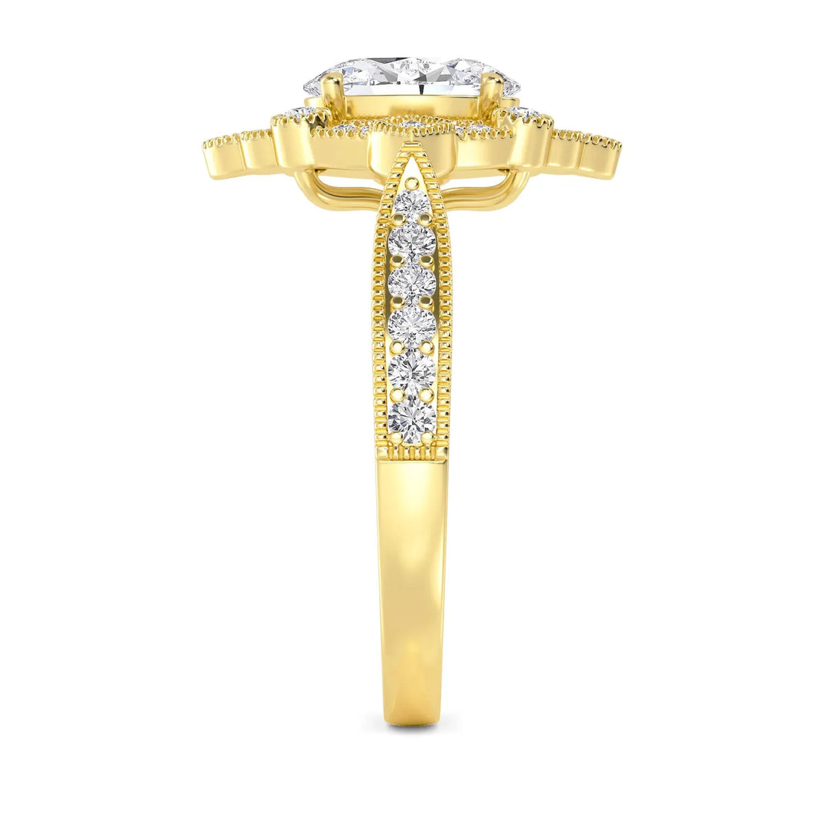 Close-up side profile displaying the accented shank and basket of a yellow gold oval diamond ring.