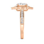 Detailed side band view highlighting the textured milgrain and accent stones on a rose gold ring.