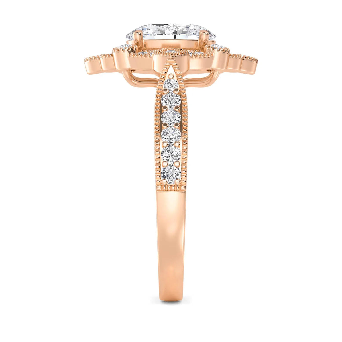 Detailed side band view highlighting the textured milgrain and accent stones on a rose gold ring.