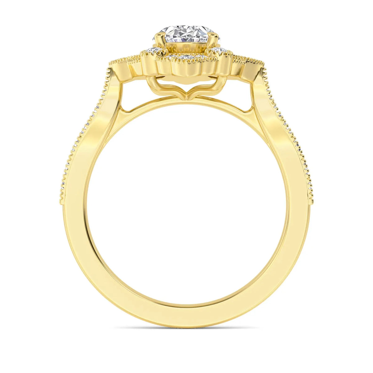 Elegant side profile view of a 2 CT oval cut lab-grown diamond engagement ring in polished yellow gold.